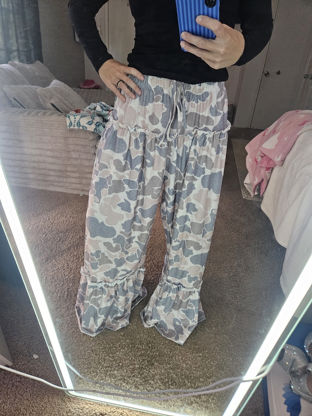 Camo Gray and Cream Ruffled Wide-Leg Pants